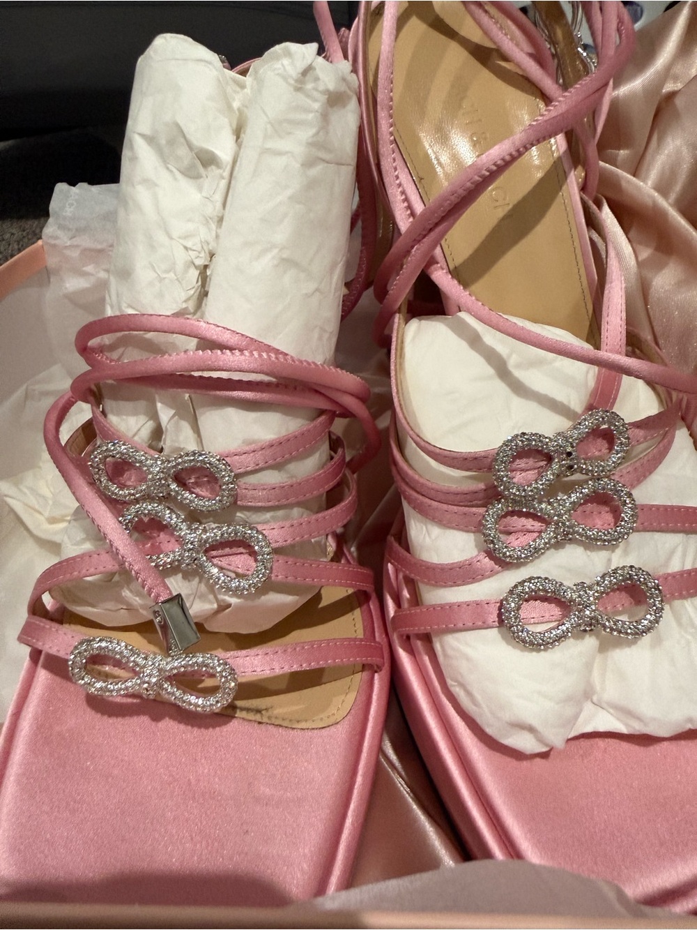 Vero Cuoio Pink Satin Strappy Heels with Crystal Infinity Accents